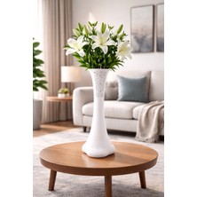 Padilon 60 cm Ince Belli Beyaz Plastik Vazo Fil Ayağı Delikli Desenli Kuru Çiçek Dekor Vazosu