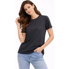 Tarz Yeri Kadın Bisiklet Yaka Yazlık Kısa kol Düz Tişört Regular Kalıp T-shirt - Füme