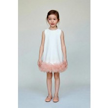 Magu Kız Çocuk Pamuklu Ekru Pembe Tül Fırfırlı Kolsuz Elbise - Katlı Etek Detaylı