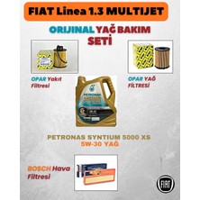 Fiat Linea 1.3 Multijet Orijinal Yağ Bakım Seti | Opar Filtre + Petronas Syntium 5000 Xs 5W-30 Motor Yağı + Bosch Hava Filtresi (Bakım Kartı Hediyeli)
