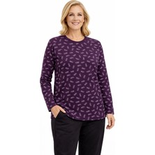 Mutlu City Kadın Desenli Yuvarlak Yaka Rahat Kesim Orta Yaş ve Üzeri Anne Penye Bluz 8551