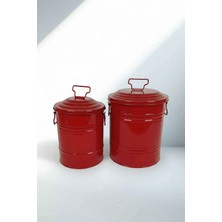 Desen Dekorasyon Çok Amaçlı Metal Saklama Kabı 2'li Set Kırmızı - Mutfak ve Banyo Kapaklı Galvaniz Kova