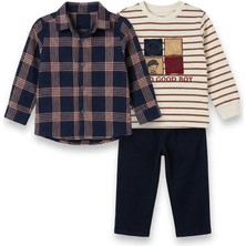 Bebüş Erkek Çocuk Bayramlık 3’lü Takım Ekoseli Gömlek + Baskılı Sweatshirt + Pantolon Şık Kombin