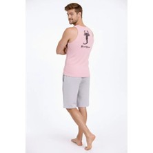 paris store Erkek Fitilli Atlet Sıfır Yaka Slim Fit Arka Baskılı Spor Atlet - Pembe