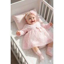 Miniday Baby Kız  Bebek Mevlütlük Dantelli Elbise Bandanalı
