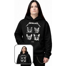 Fuddy Moda Unisex Metallica Kedi Baskılı Kapüşonlu Sweatshirt, Oversize Cat Rock Band Temalı Hoodie