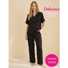 Bie's Kadın Siyah Maskülen Çiçek Desenli Önden Düğmeli Gömlek Yaka Dokuma Pamuk Saten Göğüs Cepli Kısa Kol Pijama Takımı