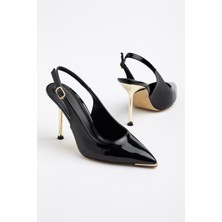 Dilimler Ayakkabı Kadın Ince Topuklu Stiletto Siyah Rugan Metal Taş Aksesuarlı