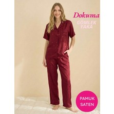 Bie's Kadın Bordo Maskülen Kalp Desenli Önden Düğmeli Gömlek Yaka Dokuma Pamuk Saten Göğüs Cepli Kısa Kol Pijama Takımı