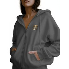 Muhtar Store Kadın Pitbull Köpek Baskılı Tam Boy Fermuarlı Oversize Hoodie