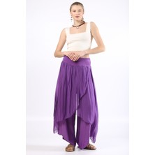 Luisido Kadın Mor Italyan Zarf Kapaklı Astarlı Bol Paça Salaş Ipek Pantolon