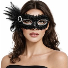Kaia Life Siyah Taşlı Venedik Parti Maskesi – Tüylü Payetli