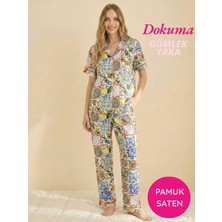 Bie's Kadın Maskülen Desenli Önden Düğmeli Gömlek Yaka Dokuma Pamuk Saten Göğüs Cepli Kısa Kol Pijama Takımı