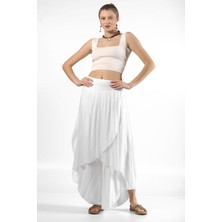 Luisido Kadın Beyaz Italyan Zarf Kapaklı Astarlı Bol Paça Salaş Ipek Pantolon