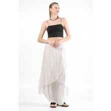 Luisido Kadın Bej Italyan Zarf Kapaklı Astarlı Bol Paça Salaş Ipek Pantolon