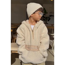 Reycan Kız Çocuk Peluş Sweatshirt Kapüşonlu Kanguru Cepli 5-8 Yaş, Taş