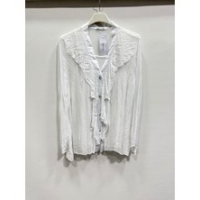 Della Moor Beyaz Kadın Italyan Önü Fırfırlı Şal Yaka Uzun Kol Astarlı Gömlek Bluz