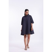 Elegant Lacivert Polo Yaka Kısa Kollu Yandan Cepli Elbise