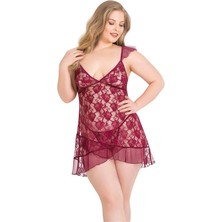 Aria's Closet Arias Closet Büyük Beden Bordo Kısa Tül Gecelik