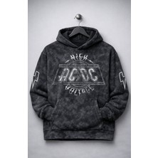 Fuddy Moda Unisex Oversize Ac-Dc High Voltage Kol Baskılı Kapüşonlu Yıkamalı Rock Band Sweatshirt