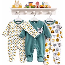 Tuo Bebe %100 Pamuk Renkli Zebra Hayvan Desenli 3'lü Patikli Tulum (Kız - Erkek - Yenidoğan)