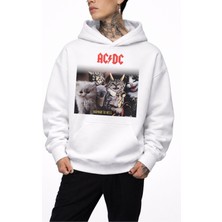Fuddy Moda Unisex Ac-Dc Kedi Baskılı Kapüşonlu Sweatshirt, Oversize Cat Rock Band Temalı Hoodie