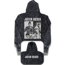 Fuddy Moda Unisex Justin Bieber Sırt Baskılı Kapüşonlu Yıkamalı Sweatshirt, Oversize Müzik Temalı Retro Hoodie
