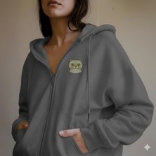 Muhtar Store Kadın Scottish Fold Kedi Baskılı Tam Boy Fermuarlı Oversize Hoodie