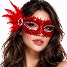 İlk El Grup Kırmızı Taşlı Venedik Parti Maskesi – Tüylü Payetli Iegtgrs-34