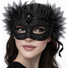 İlk El Grup Siyah Taşlı Venedik Maskesi Lüks Tüllü Parti Maskesi Iegtgrs-34