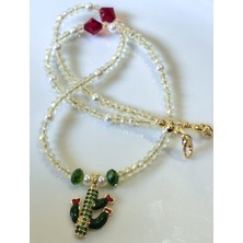 Kolye – Zirkon Taşlı Kalp Çiçekli Kaktüs Figürlü,  Gerçek Kristal Taşlı –thinblack