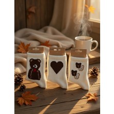 DeGo Shop 3'lü Peluş Teddy ve Kalp Desen Kadın Kolej,soket Çorap