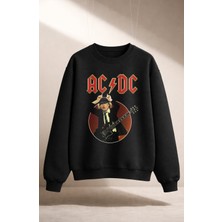 Fuddy Moda Unisex Oversize Rock Band Funny Ac-Dc Baskılı Bisiklet Yaka Kapüşonsuz Sweatshirt