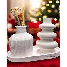 El Yapımı Taş Tozu Dekorstif 3'lü Vazo,spiral ve Tabak Seti Hediyelik Modern Salon ve Ev Dekorasyon Objesi