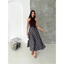 Win Moda Winmoda Kadın Ekose Kemerli Uzun Etek Tesettür Uyumlu Kloş Model 2625 EKOSE-1