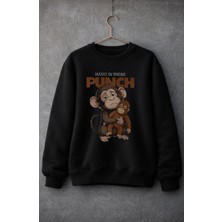 Fuddy Moda Unisex Oversize Hang In There Maymun Punch Baskılı Bisiklet Yaka Kapüşonsuz Sweatshirt