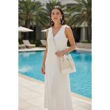 Mimoza Accessories El Örgüsü Detaylı Krem Bucket Çanta