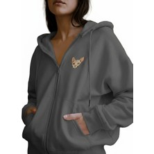 Muhtar Store Kadın Sphynx Kedi Baskılı Tam Boy Fermuarlı Oversize Hoodie