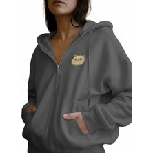 Muhtar Store Kadın Persian (Iran Kedisi) Baskılı Tam Boy Fermuarlı Oversize Hoodie