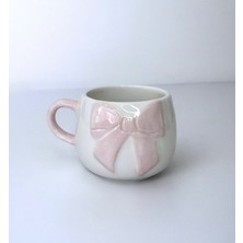 Leada Project Pembe Fiyonk Detaylı El Yapımı Seramik Kupa 250 ml Hediye Estetik Tasarım Kupa