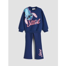 LC Waikiki Lcw Kids Lacivert Stitch Baskılı Kız Çocuk Sweatshirt ve Ispanyol Paça Tayt