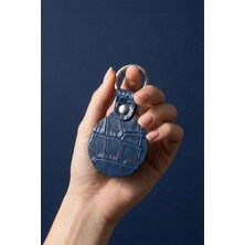 Pepuza Hakiki Deri Lacivert Kroko Desenli Round Model Anahtarlık Lüks Deri Anahtarlık