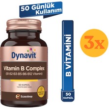 Dynavit Vitamin B Complex 50 Kapsül - Enerji B1-B12 - 3 Adet (150 Kapsül) - Dezenfektan Hediyeli (%72 Alkol)