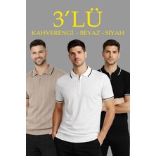 Giyim Center Erkek 3 Lü Paket Dokuma Triko  Fermuarlı Yakalı Fitilli Kısa Kollu Regular Fit Tişört - Kahverengi, Beyaz, Siyah