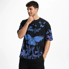 Giyim Center Erkek Asit Yıkamalı Oversize Tişört Mavi Kelebek Baskılı Dijital Print Bisiklet Yaka Streetwear T-Shirt - Siyah