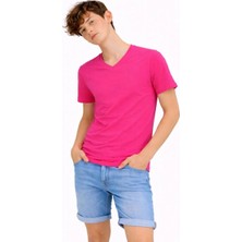Giyim Center Genç Erkek Çocuk V Yaka Tişört Yazlık Model Günlük Basic Body - Pembe