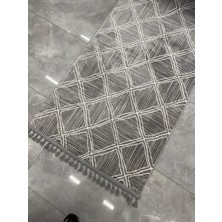 Plato Halı Parantez 4169 Gri Kaymaz Taban Yolluk Makinede Yıkanabilir Halı Gri Düğüm Saçaklı