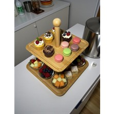 Iki Katlı Bambu Kare Sunumluk Dekoratif Kurabiyelik ve Meyvelik Şık Mutfak Servis Standı | Kitchera Home