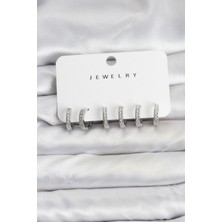 E-Woman Gümüş Renk Pirinç Zirkon Taşlı Halka Kadın Küpe Seti - Lisinya