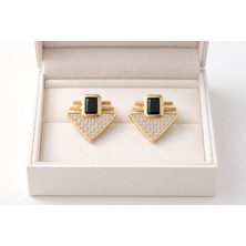 Serenay Küpe Model 8 – Siyah Taşlı Geometrik Zirkon Detaylı Gold Renk Çelik Küpe, Kararma Yapmaz